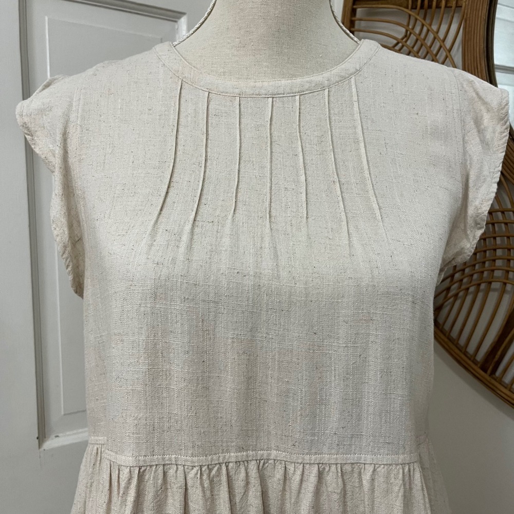 New In Linen Blend Tiered Mini Dress‎ S Boho Flutter Sleeve Coastal Minimalist